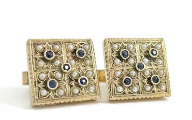 Vintage 1960's Blue Sapphire Pearl Square Cufflinks 14K Yellow Gold, 19.90 Grams