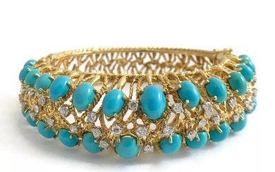 Vintage Cabochon Turquoise Diamond Bangle Bracelet 18K Yellow Gold, 73 Grams