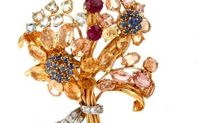 Vintage Diamond & Multi Stone 18K Gold Flower Bouquet Clip Brooch