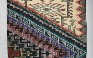 Vintage Hand Woven Navajo Rug, Raised Outline
