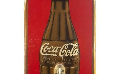 Vintage tri-color Tin Coca-Cola Thermometer in original paint, 16" T x 6 3/4" W with embossed