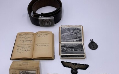 WWII German Collectibles Nazi Soldier Belt, Diary, Medal, Patch & Photos