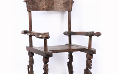 West African Senufo tribal Chief's chair with figural female caryatid legs and bird figure arms and