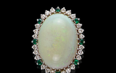 White Opal, Emerald and Diamond Ring