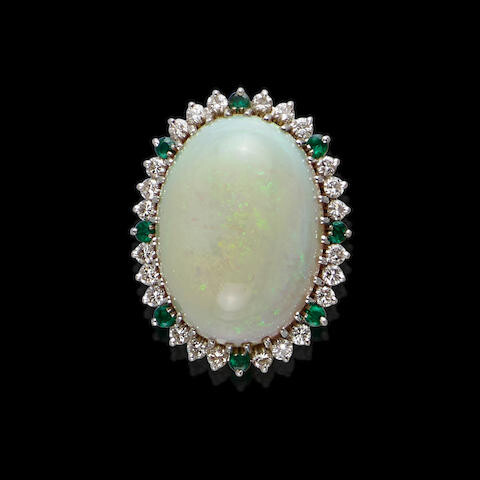 White Opal, Emerald and Diamond Ring