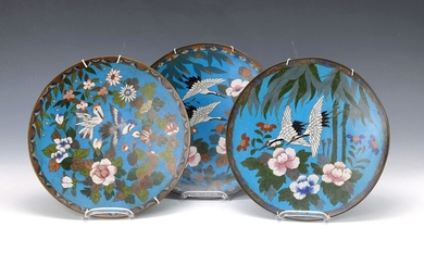 three plates, Japan, around 1900, enameled with...