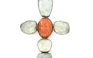 Sterling Silver, Tumbled Blue Topaz and Carved Coral Cross Brooch, Rebecca Collins