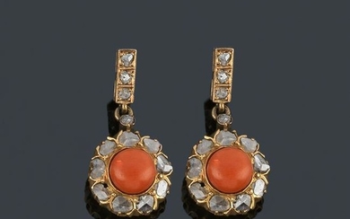 Long earrings with rose cut diamonds and central coral