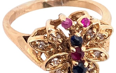 14 Karat Yellow Gold Fashion Ring with Sapphire Ruby and Diamond Cluster