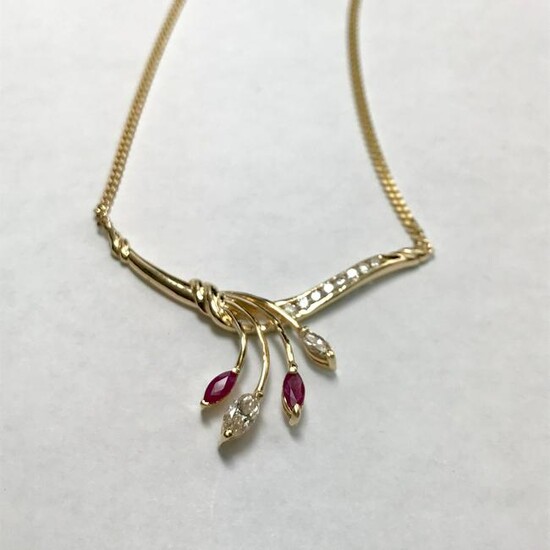 14 k Yellow Gold Marquise Ruby & Diamond Necklace