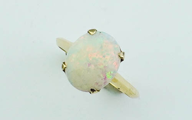 14K BRIGHT-POLISHED YELLOW GOLD AND PRECIOUS WHITE OPAL OVAL CABOCHON...
