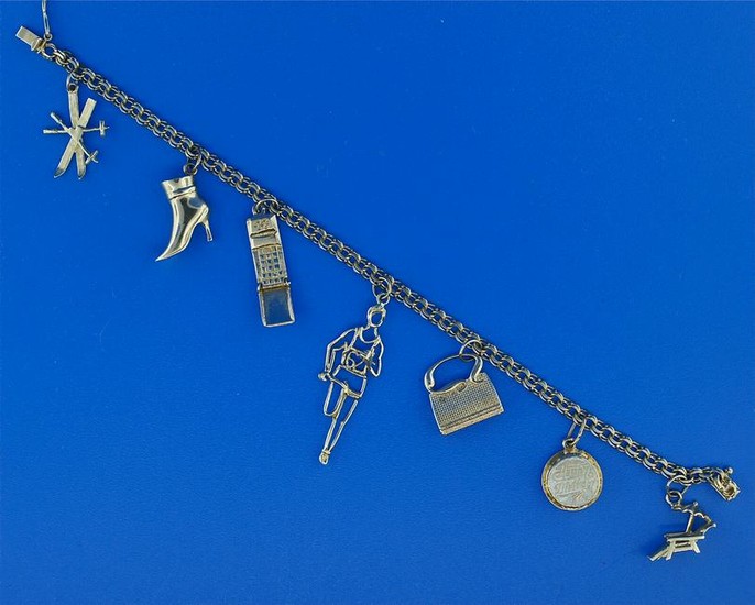 14K YELLOW GOLD LINK CHAIN CHARM BRACELET C.1970 SIGNED