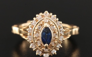 14K Yellow Gold Blue Sapphire and Diamond Ring with Arthritic Shank