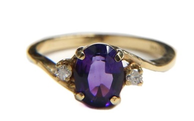 14k Yellow Gold Amethyst and Diamond Ring, Size 6.75