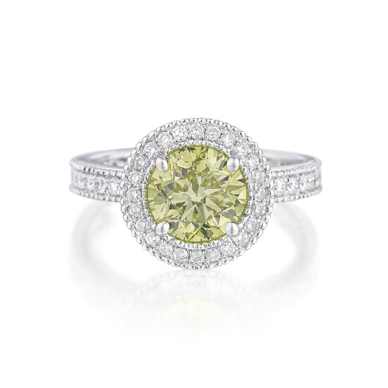 1.60-Carat Fancy Brownish Greenish Yellow Diamond Halo Ring, GIA Certified
