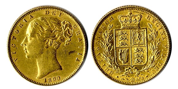 1860 sovereign, large '0' in date, VF/GVF.