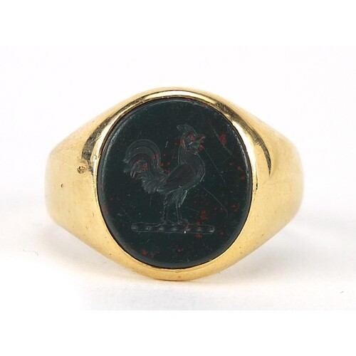 18ct gold bloodstone intaglio seal signet ring engraved with...