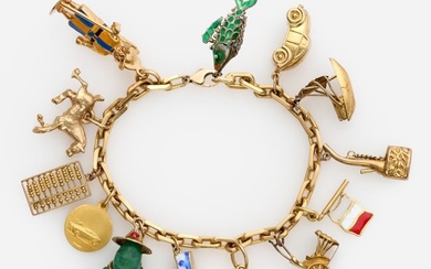 18k Gold Charm Bracelet w/ 13 charms: buddah, car, ship, horse etc.