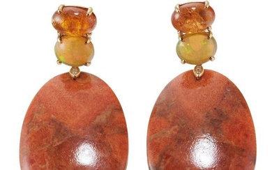 18k Gold Diamond Opal Amber Gemstone Earrings