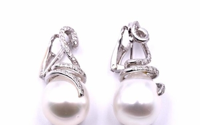 18k White gold Diamond and Pearl Swirl Drop Earrings
