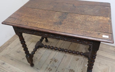 18th C oak planked top side table on bobbin...