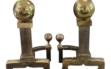 1970s Brass Cannonball Fireplace Andirons - a Pair