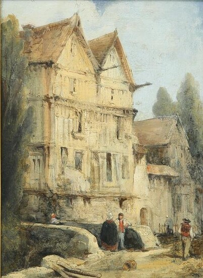 19TH CENTURY SCHOOL, FIGURES BEFORE A HOUSE, signed low