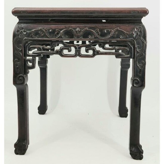 19th C Chinese Carved Rosewood Table Marble Top