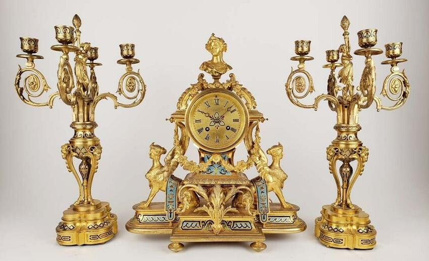 19th C. Tiffany & Co. French Champleve Enamel & Gilt Bronze Figural Clockset
