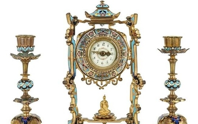 19th Century French Champleve Orientalist Clock Set
