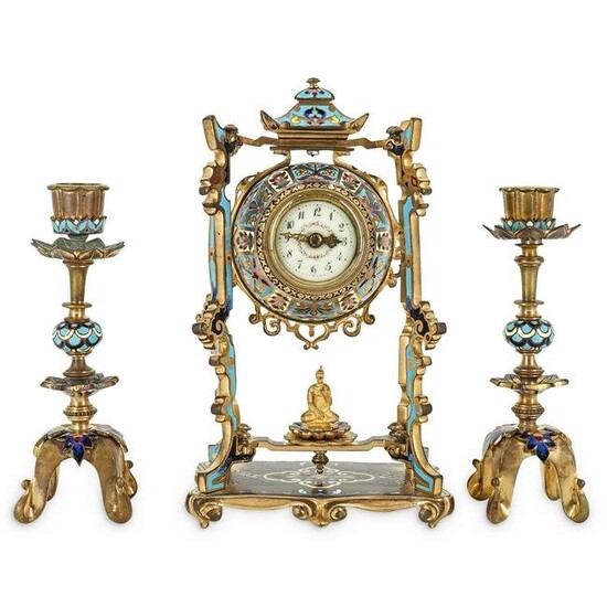 19th Century French Champleve Orientalist Clock Set