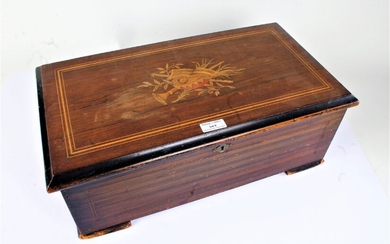19th century Continental cylinder music box, the the rosewood box having lid with marquetry inlay