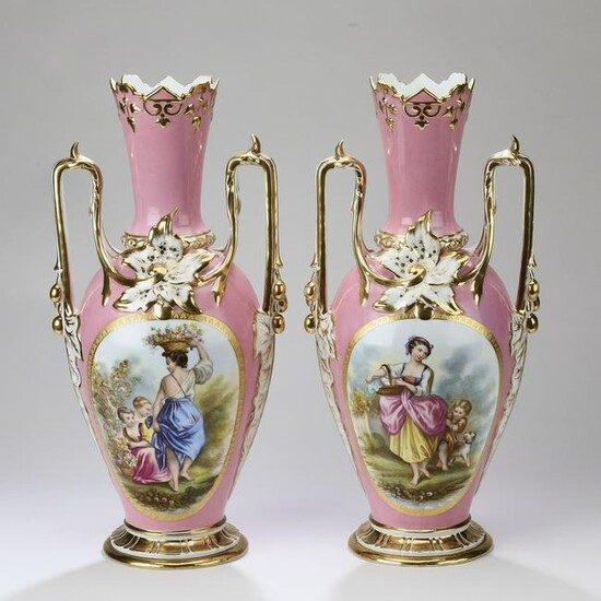 (2) Hand painted Sevres style pink ground vases, 21"h