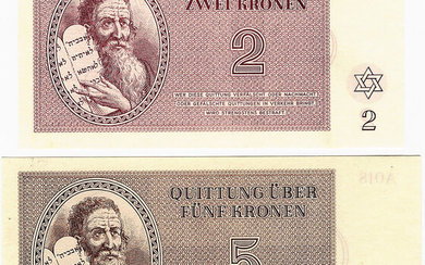 2 Holocaust Notes of Theresienstadt Concentration Camp - 2 and 5 Kronen 1943, UNC, Rare