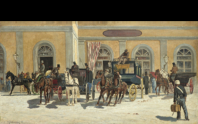 Edoardo Raimondi ( Parma 1837 - Reggio Emilia 1919 ) , "Alla stazione di Porta Genova, Milano" 1882 olio su tela (cm 39x76) Firmato e datato in basso a sinistra Al...