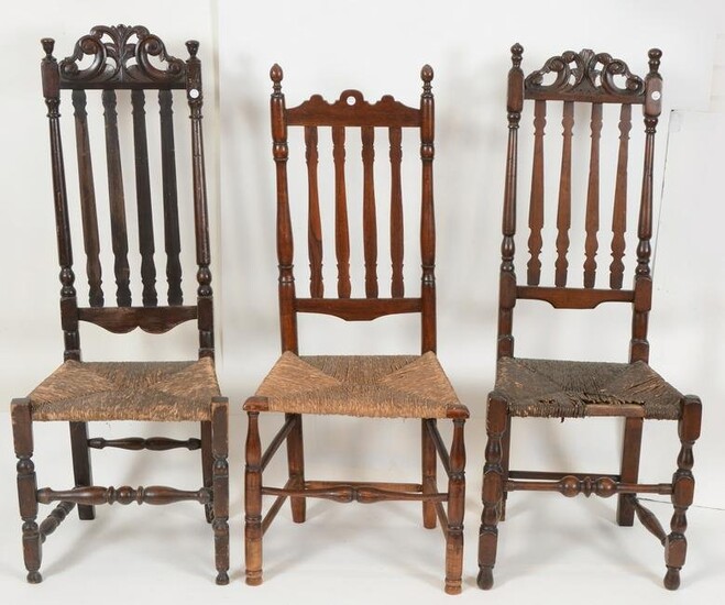 3 Early 18th Century bannister back side chairs with