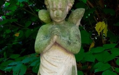 Praying angel. Stone sculpture on pedestal. Ca. 19…
