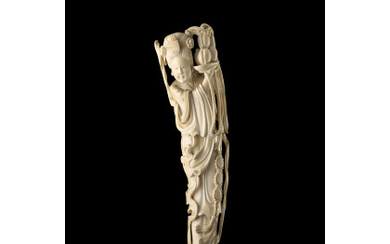 An ivory model of a lady wearing long robes, wood base (defects and restorations) China, early 20th century (h. 28...