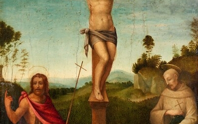 Tuscan School circa 1500 - Crucifixion Scene with John the Baptist and Saint Francis