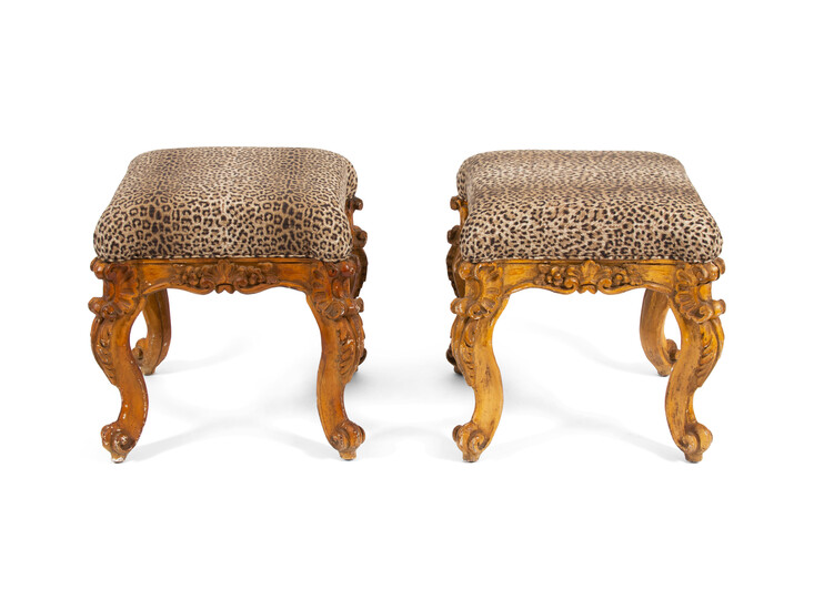 A Pair of Italian Rococo Style Giltwood Stools