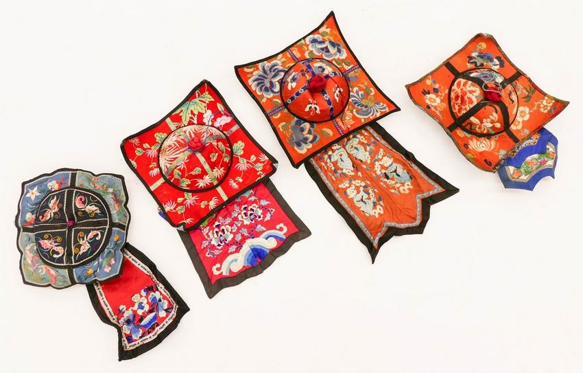 4pc Chinese 19th Cent. Silk Embroidered Square Hats