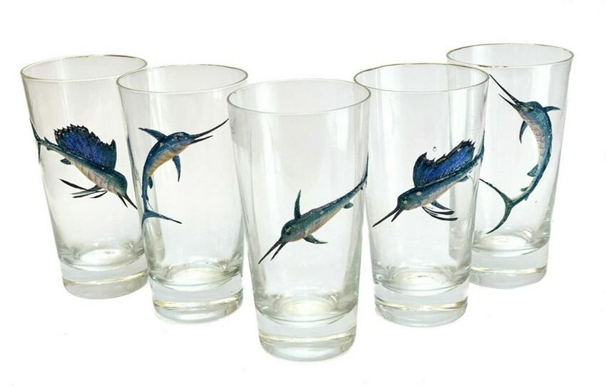 5 American Glass Enamel Swordfish Tumbler Goblets