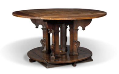 A CONTINENTAL ANTIQUARIAN FRUITWOOD FOLDING CIRCULAR TABLE, 19TH CENTURY INCORPORATING EARLIER ELEMENTS, PROBABLY AUSTRIAN