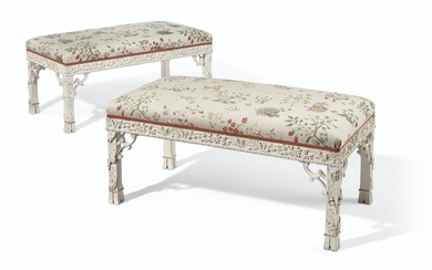 A PAIR OF GEORGE III STYLE WHITE-PAINTED BENCHES, AFTER THE ST. GILES'S SUITE, MODERN