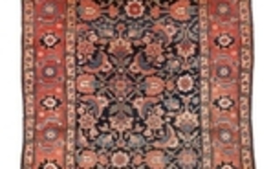 ORIENTAL RUG: KURD BIDJAR 6'0" x 14'0" Two columns of bold Herati pattern in red, blue, green, yellow and ivory on an abrashed navy..