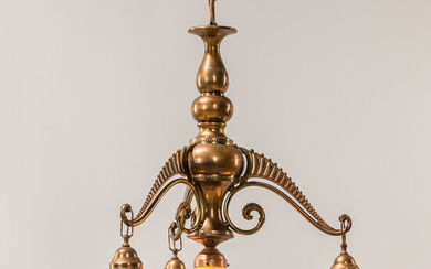 Art Nouveau Brass Chandelier with Steuben Pulled Feather Shades