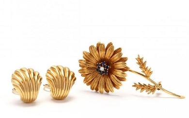 18KT Gold Earrings and an 18KT Gem-Set Brooch, Tiffany