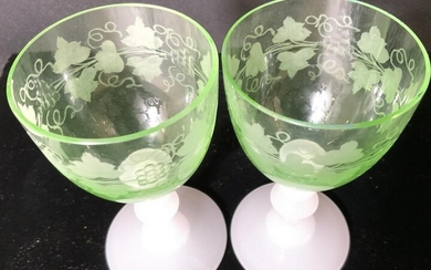 6 Vintage Etched Green Crystal Glasses, Opaque