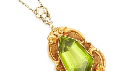 ANTIQUE PERIDOT AND PEARL PENDANT AND CHAIN set with a