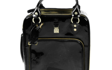 ASPINAL OF LONDON - a black patent leather rolling travel case.